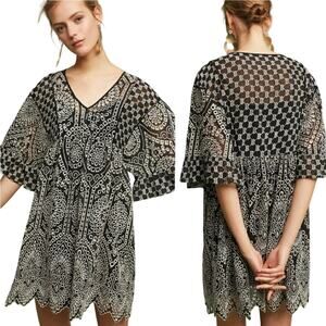 AKEMI + KIN Anthropologie Black Eyelet Boho Embroidered Mini Dress Size 2